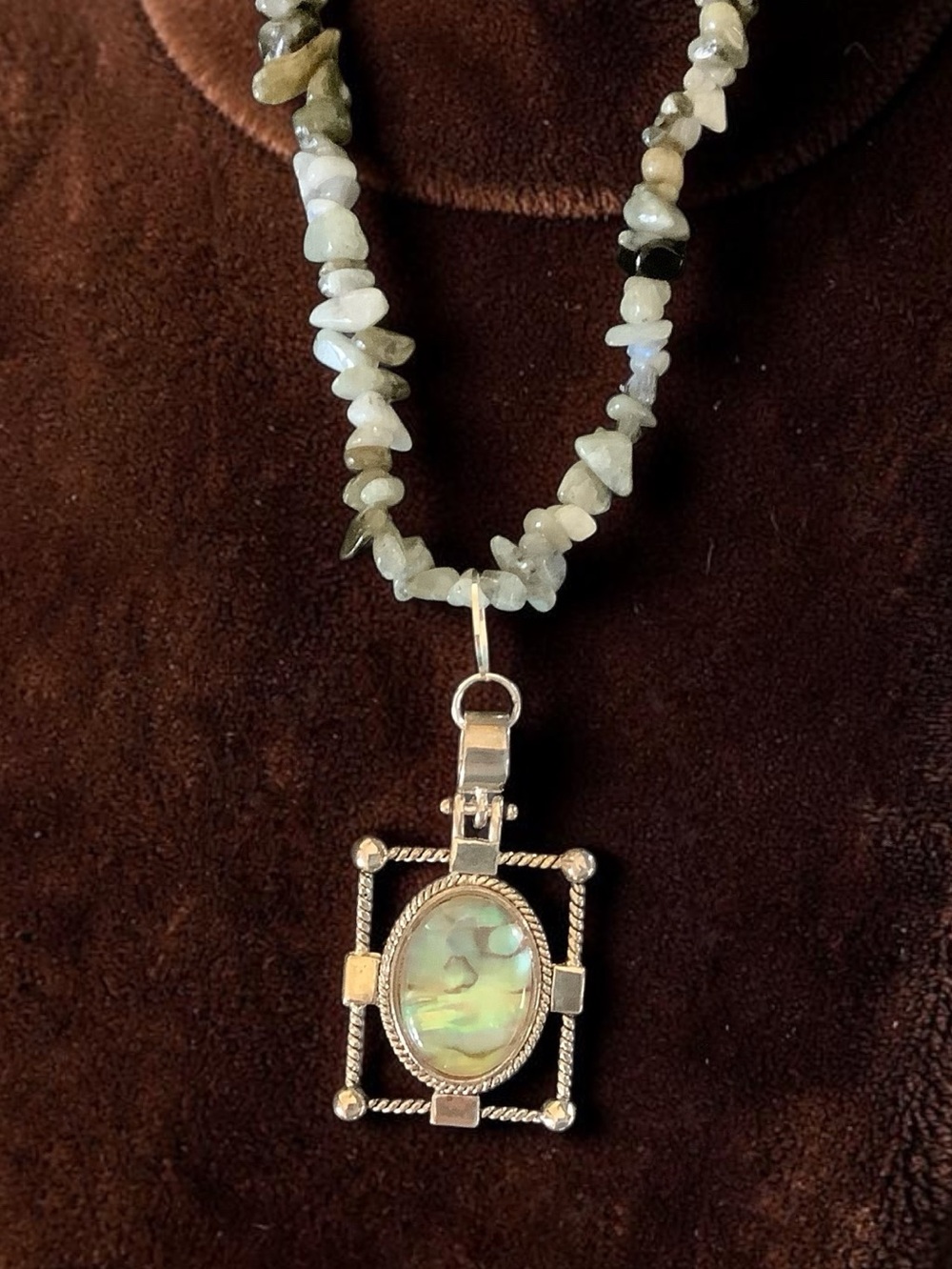 Abalone Shell Pendant Necklace with Iridescent Greens, Blues, & Brown. NWT